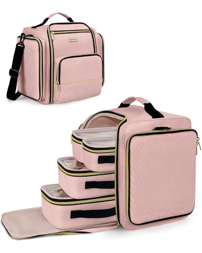 BAFAMYE Large Travel Makeup Bag - Cosmetic Organizer with 4 Removable Inner Pockets, Multi-functional Toiletry Bag for Accessories & Brushes, Women's Beauty Case, Pink - color: Pink