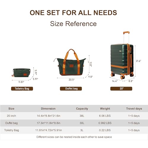 3-Piece Carry-On Luggage Set for Business Travel | 20-Inch Hardside Spinner Suitcase with TSA Lock, Lightweight PC+ABS Construction, Multi-Dividers & Sturdy Handle (Green) - color: Green, size: 3 piece set (20")