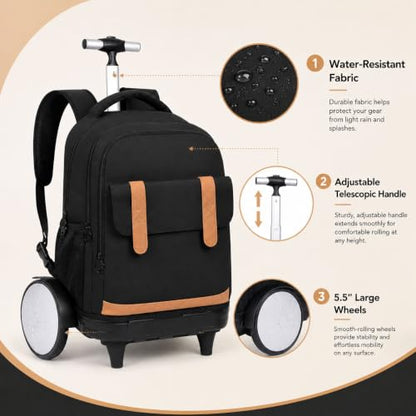 UFNDC Big Wheel Rolling Backpack for Men & Women - Water-Resistant Wheeled Bag for Travel, College & Business, 3-Pack (Black) - color: Rolling Backpack Big Wheel Black