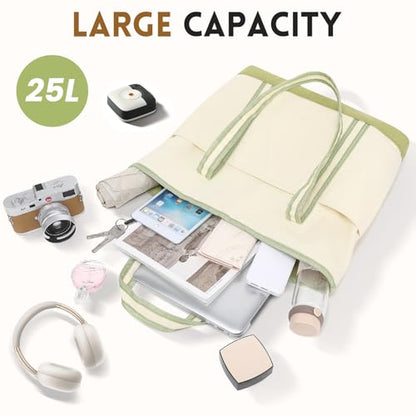 Large Canvas Tote Bag for Women, Beach Bag with Zipper, Utility Tote Bag with 3 Front Pockets, Weekender Pool Bag - color: Beige Yellow With Green