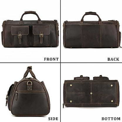 Leather Garment Bag for Men, Convertible Carry on Garment Duffel Bag for Travel Weekender Bag 2 in 1 Hanging Suitcase Suit Bag - color: Dark Brown