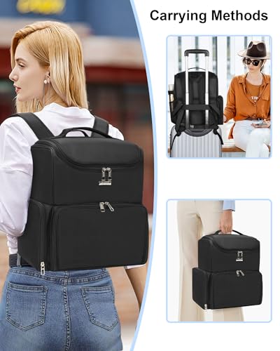 Relavel Makeup Backpack Large Bag with 5 Clear Set Bags, Dual Layer Professional Cosmetic Organizer Travel Train Case Makeup Artist Kit with Adjustable Dividers & Easy to Clean Lining, Black - color: Black (5 clear bags), size: Large