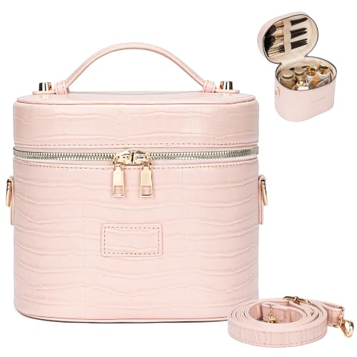 Leather Vanity Case Makeup Bag with Removable Divider, Washable Compartments, Dual Zipper & Carry Handle – Travel Toiletry Organizer for Women - color: Blush Pink