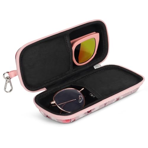 Double Eyeglasses Case for Dual Sunglasses, Hard Shell with Zipper - color: Pink Flower
