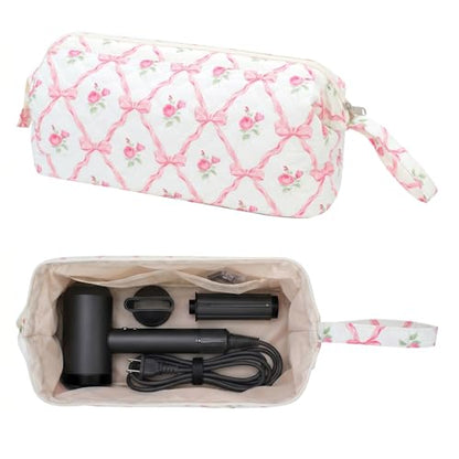 TeeYee Hair Tools Travel Bag for Dyson Airwrap Quilted Toiletry Bag - color: Pinkbow-boho