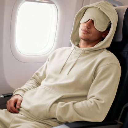 Ainangua Mens Oversized Pullover Essentials Hoodie with Eye Mask Built In Comfor Airplane Mode Travel Sleep Wearable Blanket - color: Khaki, size: Small