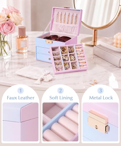 Homde Small Jewelry Box for Girls: 3-Layer Lockable Organizer (Blue-Pink) - color: Blue-Pink Gradient