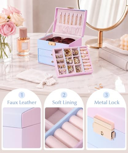 Homde Small Jewelry Box for Girls: 3-Layer Lockable Organizer (Blue-Pink) - color: Blue-Pink Gradient