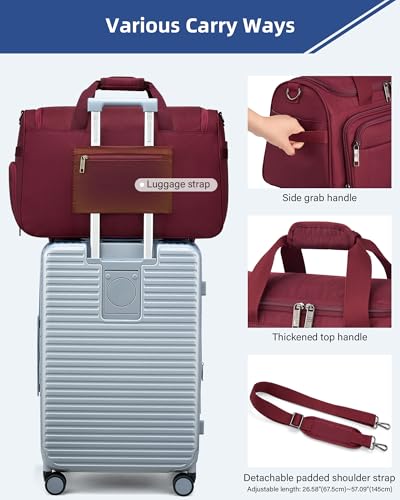 HanTrip 21 Inch Carry On Duffel Bag Foldable Overnight Tote Bags, Burgundy - color: Burgundy, size: Carry-on 21.5-Inch