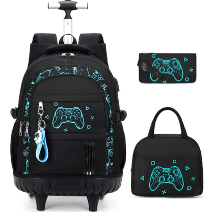ACESAK 3PCS Rolling Backpack for Boys Children, Boys Backpack with Wheels - color: Black Game