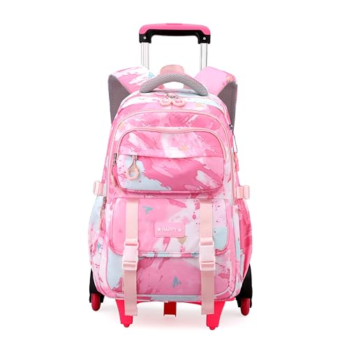 Kids Rolling Backpack for Girls School Bag with Wheels, 6-Wheel Pink - color: 6 Wheels Pink