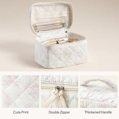 HBselect Quilted Makeup Bag, 3Pcs Cotton Large Travel Makeup Bags Organizer - color: A-3PCS-Floral 34
