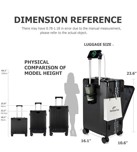 feilario PC Hardside Carry On Luggage, Aluminum Frame, TSA Lock, Cup Holder - color: A2-Jet Black (zipperless closure), size: 22.5"