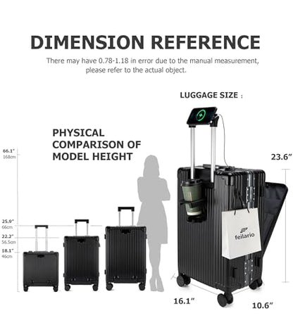 feilario PC Hardside Carry On Luggage, Aluminum Frame, TSA Lock, Cup Holder - color: A2-Jet Black (zipperless closure), size: 22.5"