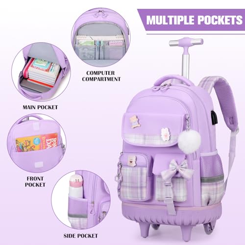 ACESAK Rolling Bow Backpack for Girls with Lunch Bag & Pencil Pouch - color: Purple