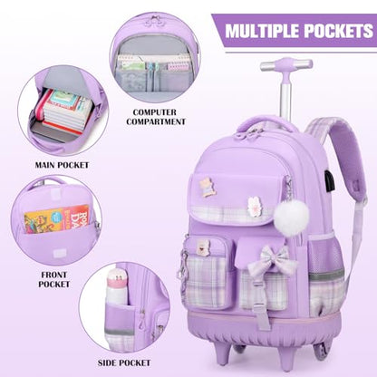ACESAK Rolling Bow Backpack for Girls with Lunch Bag & Pencil Pouch - color: Purple