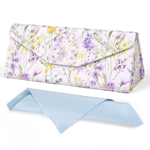Sunglasses Case, Foldable Glasses Case, Magnetic PU Leather Hard Shell Folding Eyeglass Holder Box - color: Purple Flowers