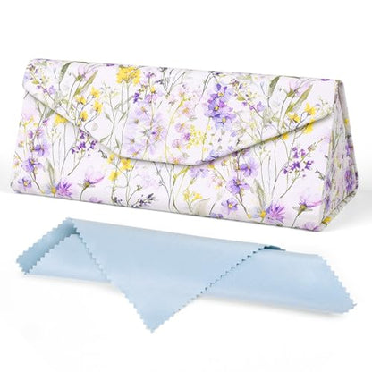 Sunglasses Case, Foldable Glasses Case, Magnetic PU Leather Hard Shell Folding Eyeglass Holder Box - color: Purple Flowers