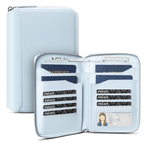 VULKIT Leather Passport Holder for 4-8 Passports Family Passport Wallet with Zipper Travel Documents Organizer for Men or Women(Light Blue) - color: Light Blue