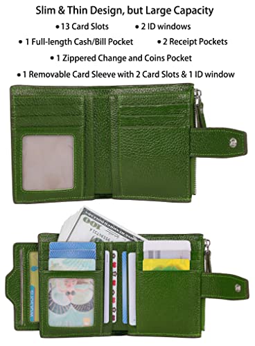Women's RFID Blocking Leather Small Compact Bi-fold Zipper Pocket Wallet Card Case Purse with id Window - color: Lichee Green
