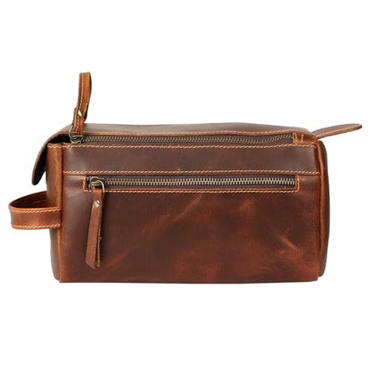 KomalC Buffalo Leather Toiletry Bag for Men & Women, Travel Pouch - color: Distressed Orange Tan