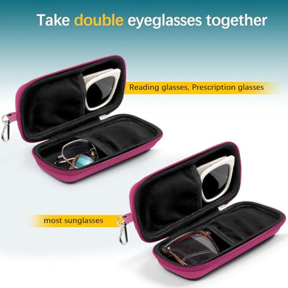 Double Eyeglasses Case for Dual Sunglasses, Hard Shell with Zipper - color: Hot Pink