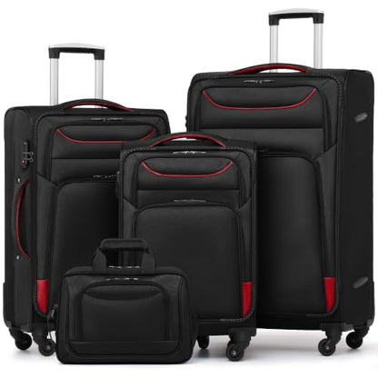 Coolife Softshell Luggage, TSA Lock, Spinner Wheels, 4-Piece Set with Tote - color: black+red