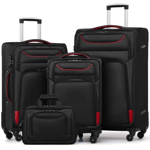 Coolife Softshell Luggage, TSA Lock, Spinner Wheels, 4-Piece Set with Tote - color: black+red