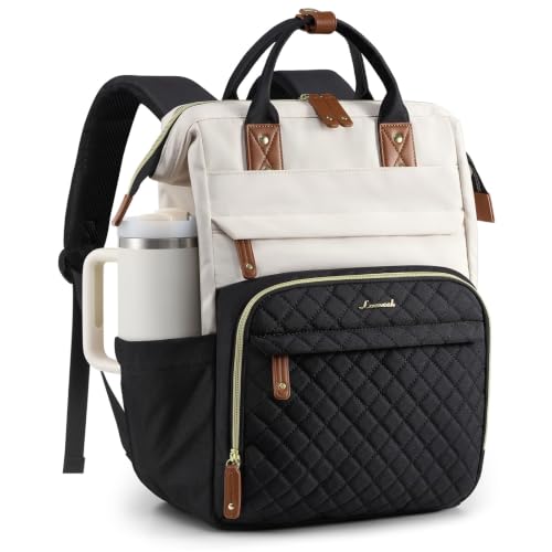 LOVEVOOK Laptop Backpack Women Quilted Teacher Nurse Work Backpack Purse - color: Cream Black, size: 18 inch-Cup