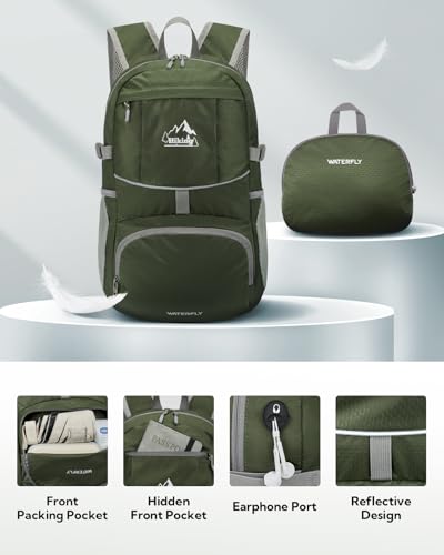 WATERFLY Small Lightweight Packable Hiking Backpack Foldable Travel Daypack - color: H-green, size: 25L