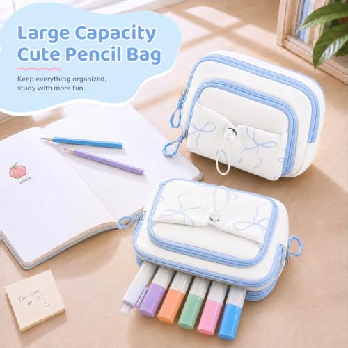 DIGOBAY Backpack for Girls, 5PCS School Bookbag with Lunch Box Pencil Case - color: White Blue Bow