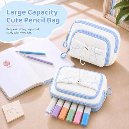 DIGOBAY Backpack for Girls, 5PCS School Bookbag with Lunch Box Pencil Case - color: White Blue Bow