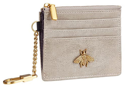 SEAVILIA Card Holder Keychain Wallet for Women with ID Window RFID Coin Purse Bee Gifts Slim Minimalist Small Wallet - color: Light Grey