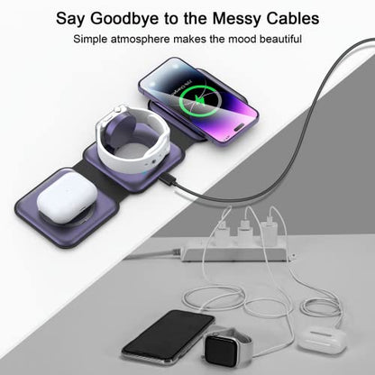 Wireless Charger 3 in 1,RTOPS Magnetic Travel Wireless Charging Station Multple Devices,GaN 3 in 1 Charging Station,Compatible for iPhone16/15/14/13/Pro/Max,iWatch,AirPods4/3/2/Pro (Adapter Includes) - color: deep purple