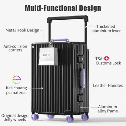 ROPLUS Aluminium Frame Checked-Luggage with Smooth Jelly Wheels, Hardside Zipperless Rolling Suitcase with TSA Lock (BlackPurple, 24-Inch) - color: Black& Purple, size: 24 inch