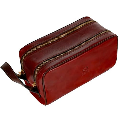 Time Resistance Leather Cosmetic Bag - Italian Toiletry Dopp Kit (Red) - color: Red