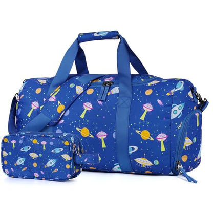 Boys Duffle Bag for Travel, Kids Duffle Bag Large Weekender Overnight Bags with Kids Toiletry Bag Set Shoe Compartment Carry on, Space Blue - color: Space Blue