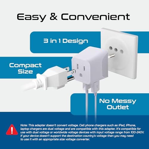Ceptics Italy, Europe Travel Adapter Plug Set - 2 Pack - with 2 USB + USA Socket Input - Type L and Type C - Ultra Compact - Safe Grounded Perfect for Cell Phones, Laptops, Camera Chargers