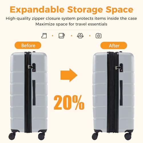 NEWBULIG 24 Inch Checked Luggage, Expandable Suitcase with Spinner Wheels - color: Light Grey, size: 24 Inch