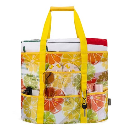 KABAQOO Mesh Beach Bag, Extra Large Beach Bags with 9 Pockets & Zipper Waterproof Lightweight Beach Tote for Beach/Pool Trip - color: Lemon, size: X-Large