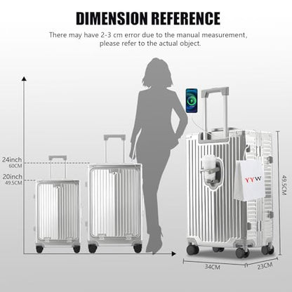 YYW All Aluminium Luggage With Spinner Wheels Lightweight PC hardside Rolling Suitcase, Built-In TSA lock Carry on Suitcase, with Cup Holder, USB Port, Phone Holder (Silver,24inch/39x25x65cm) - color: Silver, size: 24inch/39x25x65cm