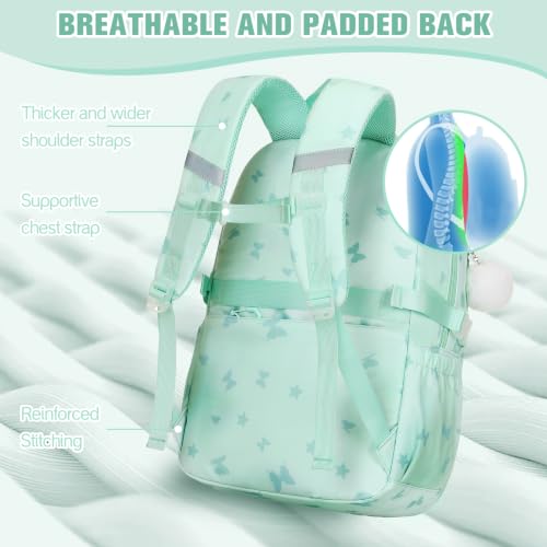 Bevalsa Backpack for Girls Backpack for School with Lunch Bag Pencil Case - color: Green Butterfly