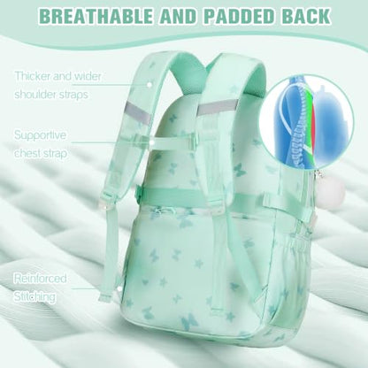 Bevalsa Backpack for Girls Backpack for School with Lunch Bag Pencil Case - color: Green Butterfly