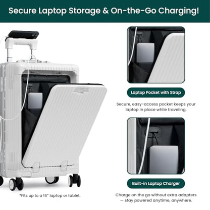 Nobl Travel Carry on Luggage, Zipperless Aluminum Frame, TSA Locks | PC Hard Shell Suitcase, Airline Approved, 360° Spinner Wheels, USB Charging Port, Cup & Phone Holder, 22.5x15x9.5, Ivory - color: Ivory