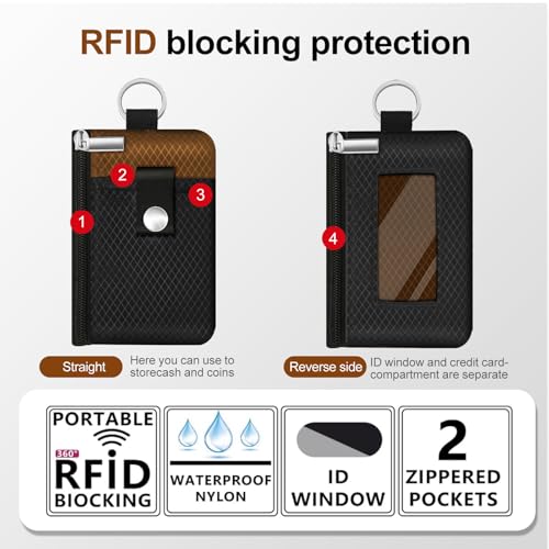 Minimalist RFID Blocking Small Wallet with ID Window,WaterResistant Zip Id Case Wallet with Lanyard Keychain for Cards,Cash,Travel,Women,Men (Black/Brown) - color: Black/Brown