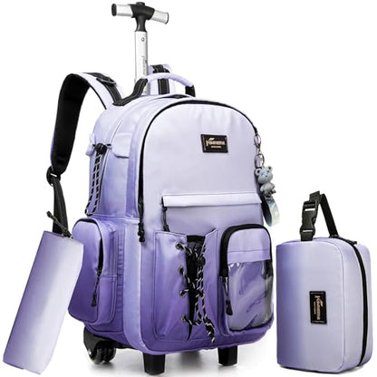 Kids Backpack with Wheels Kids Rolling Backpack Suitcase Carry on Luggage Backpacsk with Wheels for Teens Boys Girls Rolling Backpacks for Elementary Middle High School Students - color: Gradient Purple Gray