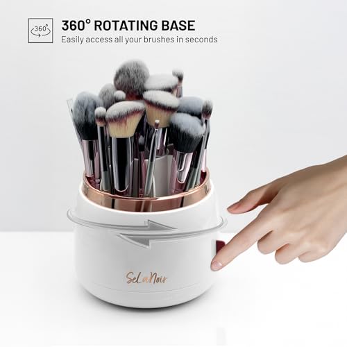 Rotating Makeup Brush Holder with Lid Dustproof Vanity Organizer for Makeup Brushes, Bonus Foldable Makeup Brush Cleaner Bowl Included - color: White