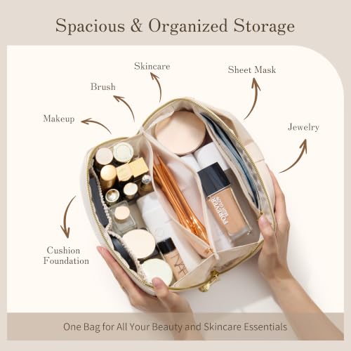 SHOWKOO Cosmetic Bag for Women, WideOpen Travel Makeup Bag with Compartment - color: Beige