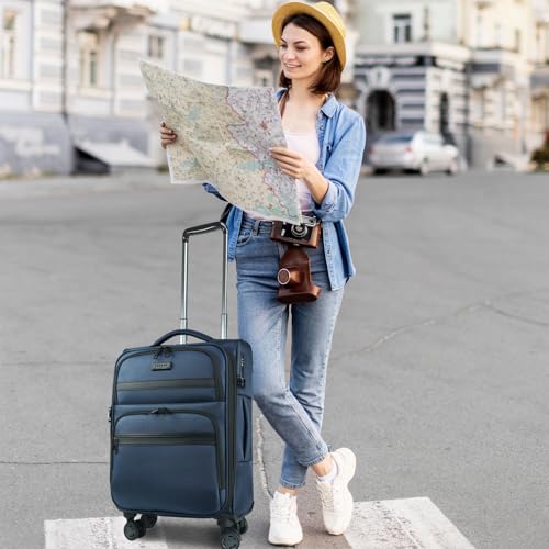 KROSER Softside Expandable Carry On Luggage with Front Business Pockets，20 Inch Suitcases with Spinner Wheels & Built-in TSA Lock, Durable Suitcase Rolling Luggage with USB Port, Haze Blue - color: Haze Blue-20, size: 20 inch