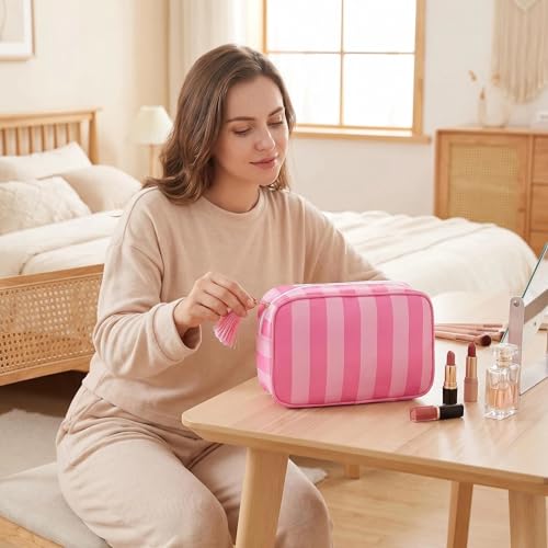 Preppy Striped Makeup Bag for Women, Structured Travel Cosmetic Pouch with Protective Sponge Padding, Large Canvas Toiletry Organizer with Tassel Zipper for Daily Purse(Pink) - color: Pink